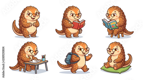 Foto Adorable Pangolin Adventures: Six charming illustrations depict a cute pangolin engaged in various activities like reading, studying, and exploring, showcasing its curious and studious nature