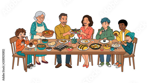 Photos Family Feast Celebration: A multi-generational family gathers around a long table laden with food, sharing a joyful meal and creating cherished memories