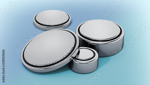 Stack of button cells isolated on blue background. 3D illustration
