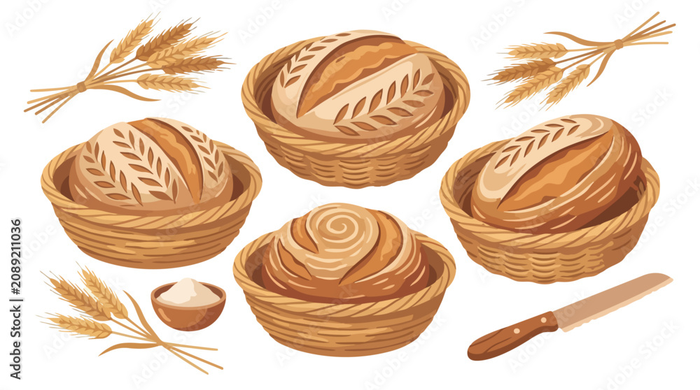 Fototapeta premium Set of artisan sourdough breads in wicker baskets with wheat ears.