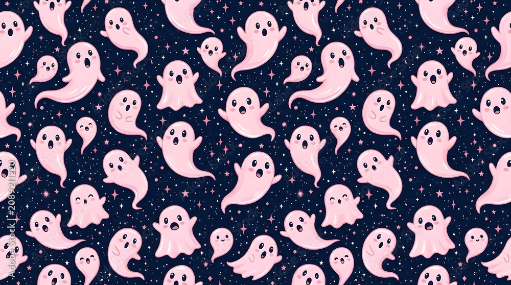 Fototapeta premium Seamless pattern with cute pink ghosts on a dark starry background