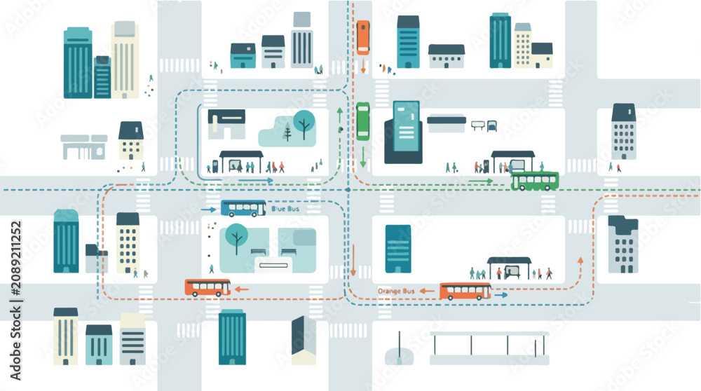 Fototapeta premium Isometric city transportation map illustration with buildings and vehicles.