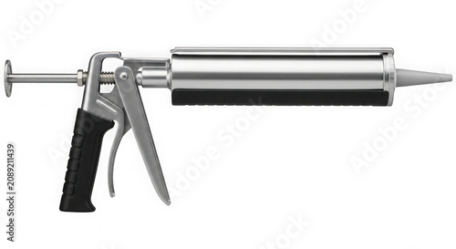 Close-up of a caulking gun with a metallic tube on a white background