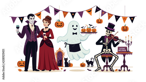 Schilderij op canvas Spooky Halloween Celebration: A ghostly waiter serves drinks to a vampire couple while a skeleton serenades guests with a violin, all under festive Halloween banners