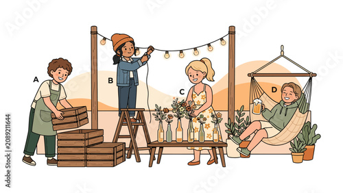 Outdoor Gathering Setup: A group of friends prepares for a relaxed outdoor gathering, setting up decorations and creating a comfortable atmosphere with crates, flowers, string lights, and a hammock.