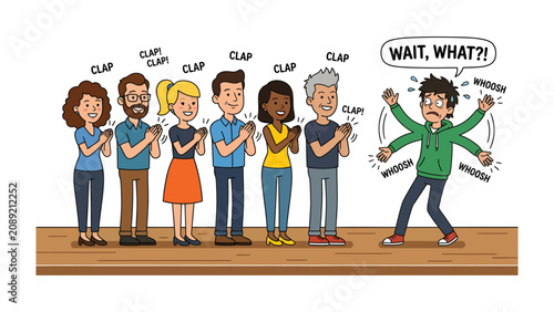Fotografie Clapping Crowd, Confused Individual: A group of diverse people stand in a line, clapping enthusiastically, while a young man with multiple arms recoils in disbelief, questioning the situation