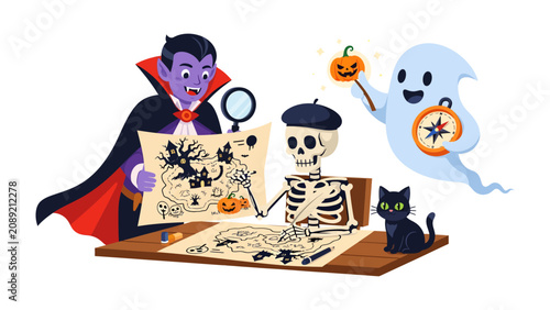 Tableau sur toile Halloween Treasure Hunt Adventure: A curious vampire, a skeleton, and a playful ghost embark on a whimsical treasure hunt, deciphering an ancient map marked with spooky symbols and a festive pumpkin