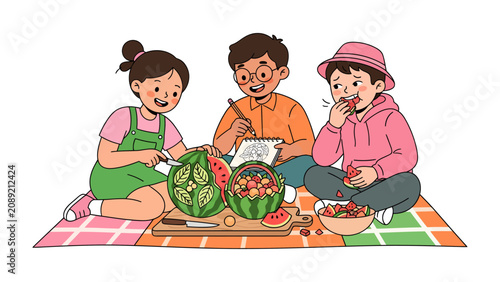 Fotografie Summer Picnic Fun: Three cheerful children enjoy a vibrant summer picnic, carving watermelons and feasting on fresh fruit