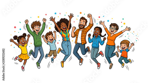 Foto Joyful Celebration: A vibrant illustration depicts a diverse group of people, adults and children, jumping in the air with raised fists and wide smiles, surrounded by colorful confetti