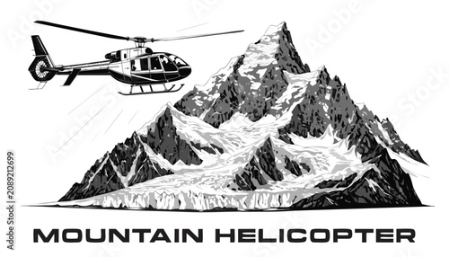 Tableau sur toile Very beautiful black and white realistic vector illustration of a helicopter fly
