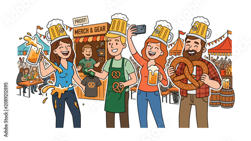 Tableau sur toile Oktoberfest Celebration: A vibrant illustration capturing the festive spirit of Oktoberfest with people enjoying beer, pretzels, and the lively atmosphere of a German festival