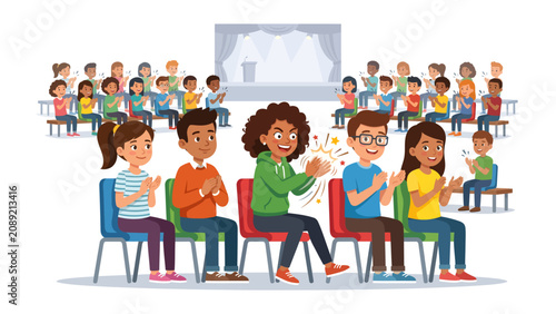 Audience Applauding Performance: A diverse group of children and adults sit in an auditorium, attentively watching a stage and applauding a performance.