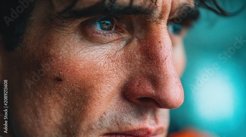 Intense close-up portrait of a weathered male face with striking blue eyes, showcasing rugged features and deep thought