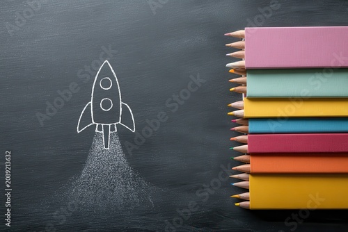 Rocket Launch Chalk Drawing on Blackboard with Colored Pencils for Business Startup and Education Concept