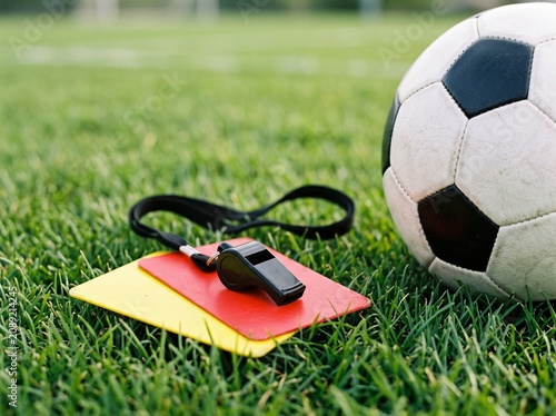 Closeup of a soccer ball, referee whistle, and yellow and red cards symbolizing fair play and sportsmanship on the pitch