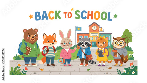Cuadro en lienzo Back to School Animals: A delightful group of anthropomorphic animals, including a bear, fox, rabbit, raccoon, cat, and owl, stand together on a sidewalk in front of a school building