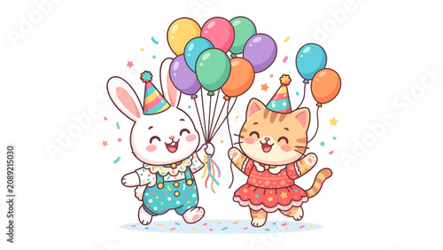 Canvastavla Birthday Bash Buddies: A cheerful bunny and a playful kitten, both donning festive party hats, joyfully hold a bouquet of colorful balloons amidst a shower of confetti