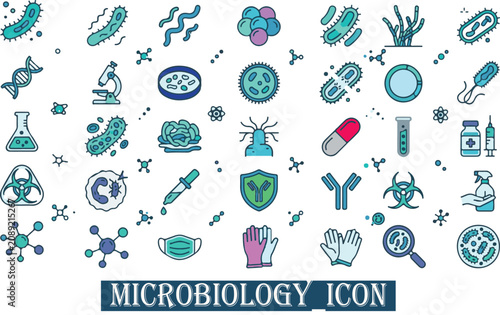 Schilderij op canvas Microbiology and Bacteriology Science Vector Icon Set with Microscope Lab Flask