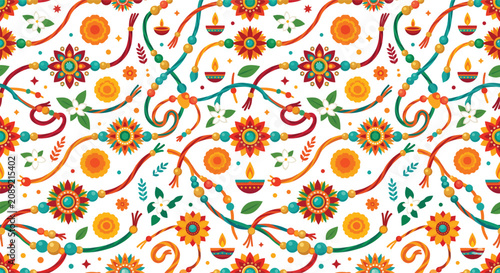 Canvastavla Seamless pattern for Indian festival Raksha Bandhan with beautiful rakhi threads, diyas, oil lamps and marigold flowers on white background for greeting card and wallpaper designs