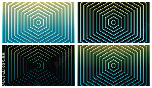 Quadro su tela Set of 4 vibrant lime green 3D abstract hexagon optical illusions
