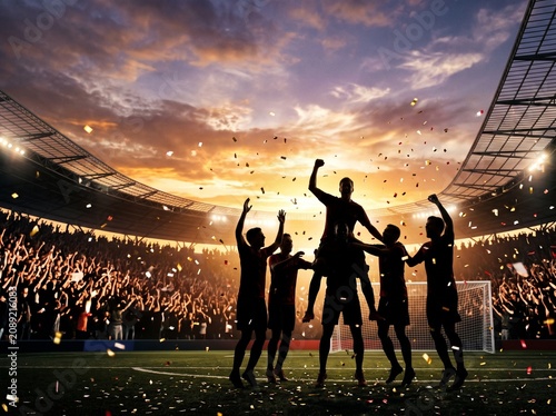 Silhouetted Soccer Team Celebrating Victory with Confetti under a Dramatic Golden Stadium Sunset