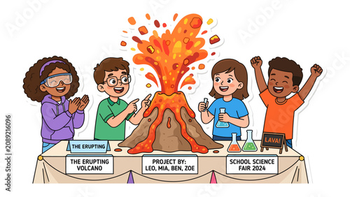 Bild auf Leinwand School Science Fair Eruption: Young students proudly present their erupting volcano science project at a school fair, with colorful lava spewing and their excited faces beaming with success