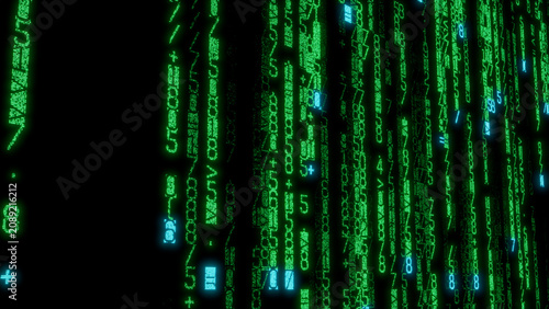 Intricate Text-Based Digital Pattern of Overlapping Green, Blue, and White Characters on Black Background, Perfect for Technology, Coding, and Abstract Art Projects