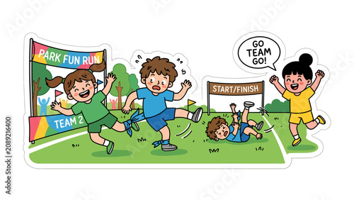 Принти на полотні Park Fun Run Chaos: Children stumble and race with laughter during a lively park fun run, with one cheering on their teammate and another playfully tackling