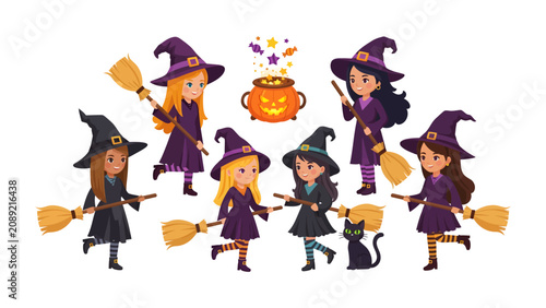 Schilderij op canvas Cute Witches and Black Cat: A group of adorable young witches, dressed in pointy hats and robes, stand with their brooms and a black cat, surrounding a bubbling cauldron