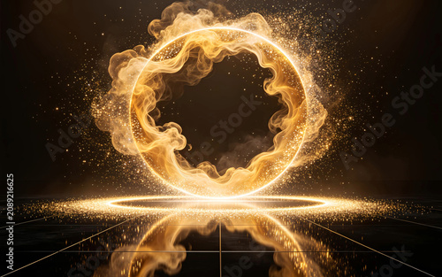 Golden Glowing Energy Ring with Smoke and Sparkle Abstract Background