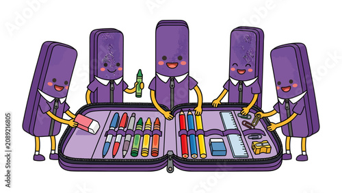 Photos Eraser Friends Sorting Supplies: A group of smiling, anthropomorphic erasers, dressed in uniforms, work together to organize a colorful pencil case filled with pens, pencils