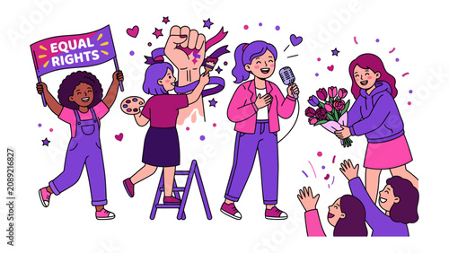 Cuadro en lienzo Empowerment and Equality: A vibrant illustration depicting diverse women celebrating Equal Rights through various forms of expression, including art, music, and protest, showcasing unity and strength