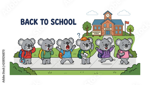 Foto Back to School Koala Kids: A group of adorable koalas, each with a backpack and different emotion, walk towards a school building, ready to start the new school year with mixed feelings