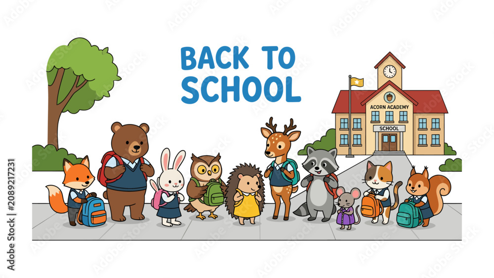 Fototapeta premium Back to School Animals: A charming collection of anthropomorphic woodland creatures, dressed in school attire and carrying backpacks, stand together in front of a school building.