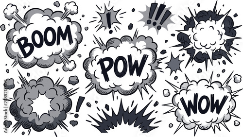 Photos Comic book sound effects vector set with boom pow and wow text on retro speech b