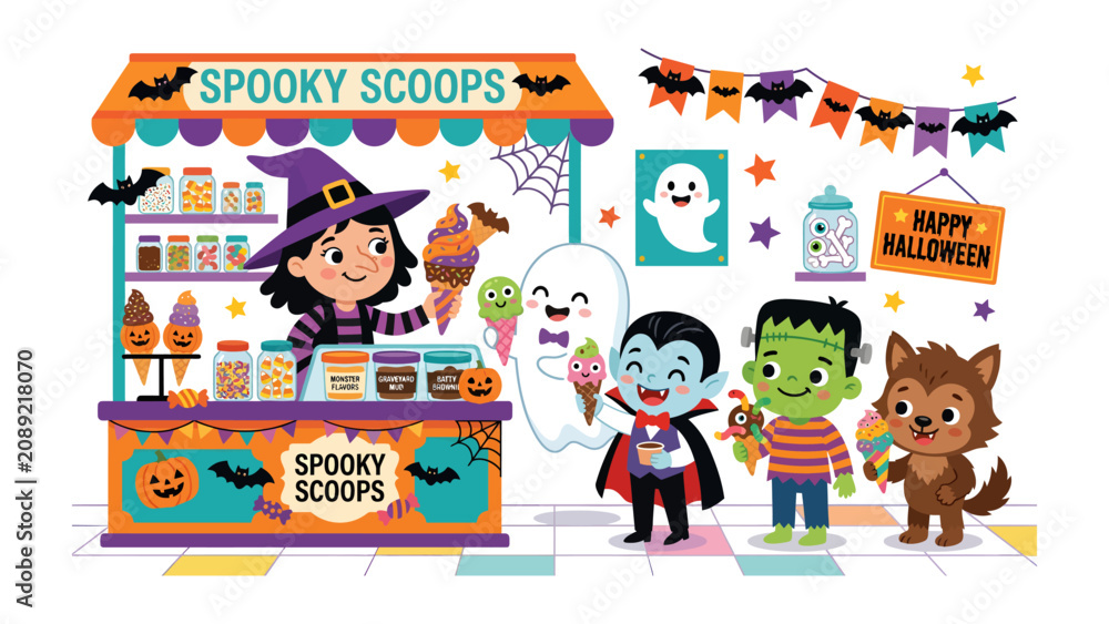 Fototapeta premium Spooky Scoops Halloween Treat Stand: A whimsical illustration of a Halloween-themed ice cream stand, complete with costumed characters like a witch, ghost, vampire, Frankenstein's monster.