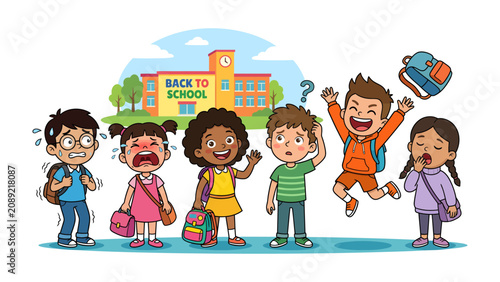Back to School Blues: A group of diverse children stand outside a school building.