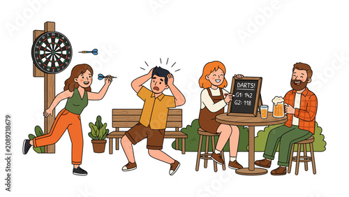 Принти на полотні Darts Game Mishap and Pub Relaxation: A woman misses her dart throw, startling a man, while a couple enjoys drinks and a menu at a nearby pub table, capturing a moment of casual fun and amusement