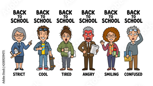 Fotografie Back to School Emotions: A collection of diverse characters expressing various emotions associated with returning to school, from strictness to confusion, presented in a clear, illustrative style
