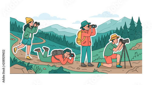 Принти на полотні Nature Photography Expedition: A group of enthusiastic photographers capture the breathtaking mountain scenery, with each individual immersed in their artistic pursuit
