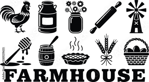 Foto Farmhouse theme vector icons set with rural life objects and farm equipment
