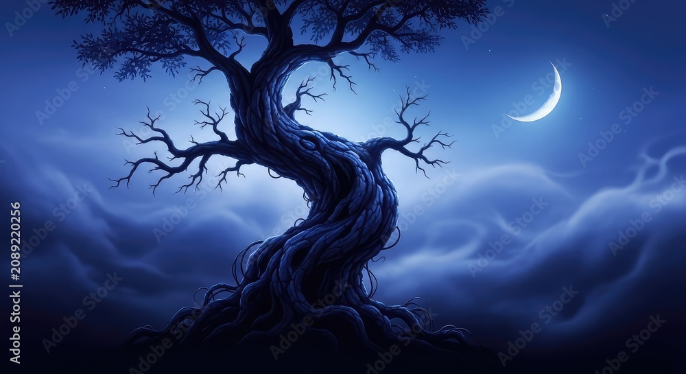 Fototapeta premium A gnarled ancient tree stands amidst a swirling indigo mist under a crescent moon, its twisted branches reaching like claws into the sky, mist, tree, fable