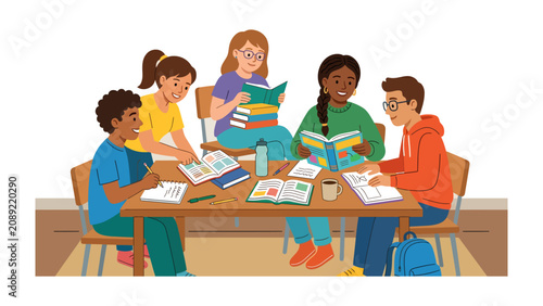 Fotografia Children Studying Together: A diverse group of young students collaborates around a table, engrossed in their books and assignments, fostering a sense of shared learning and academic pursuit