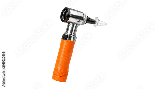 Orange otoscope with metallic head and  textured handle, isolated on transparent background. Medical diagnostic tool concept for healthcare, clinic, and professional equipment design.