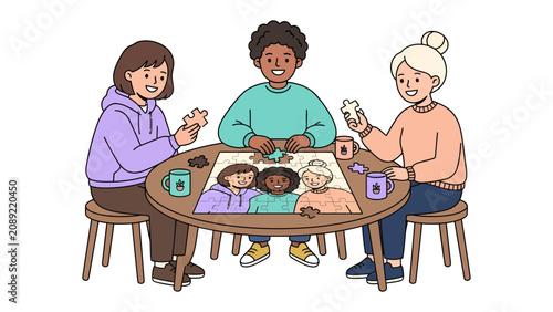 Foto Family Game Night: A heartwarming illustration depicts a diverse family gathered around a table, engrossed in a board game, sharing laughter and creating cherished memories