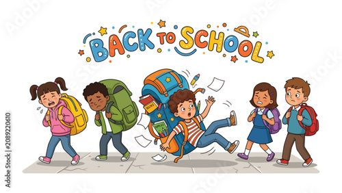 Back to School Chaos: A group of children, some struggling with oversized backpacks and one taking a tumble, embark on their first day back to school.