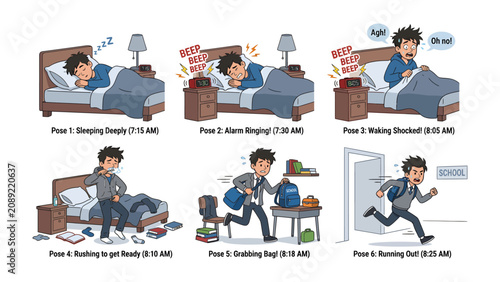 Foto Morning Rush: A sequence of illustrations depicting a young person's chaotic morning routine from sleeping deeply to rushing out the door
