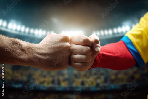 Two rival sports fans from opposing teams share a respectful handshake in a crowded stadium