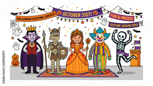 Bild auf Leinwand Halloween Costume Contest: A vibrant illustration of a Halloween costume contest on October 31st, featuring characters dressed as a vampire, mummy, princess, clown, and skeleton