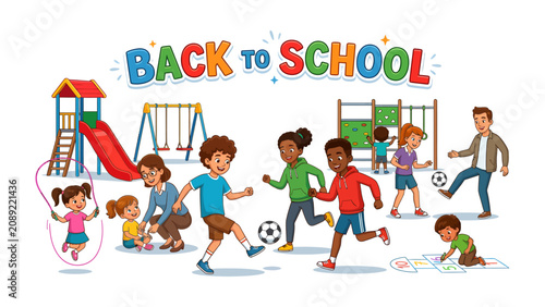 Fotografie Back to School Playground Fun: Children of diverse backgrounds joyfully engage in various playground activities, celebrating the start of a new academic year